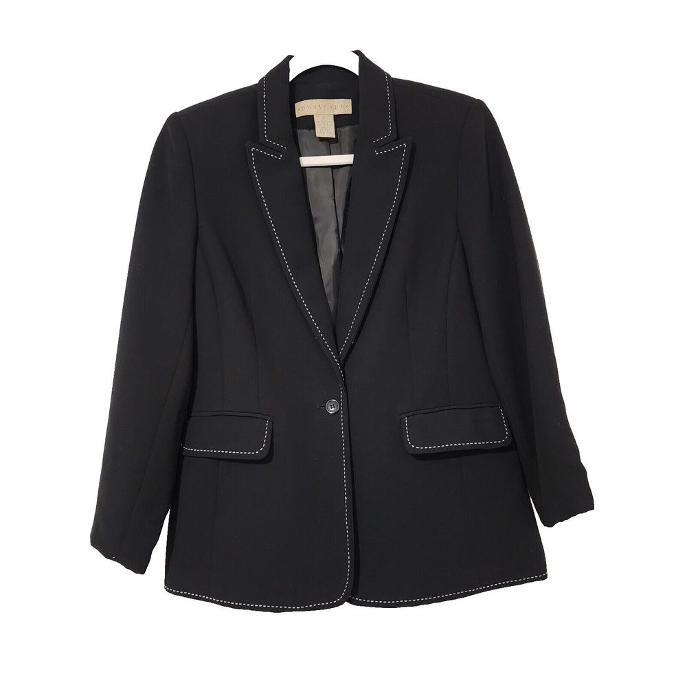 Apostrophe Womens Single Breasted 1-Button Blazer Black White Peak Lapel Size 6